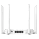 Dört beyaz antenli beyaz kablosuz yönlendiricinin arka panelinde güç girişi ve dört ethernet portu yer alıyor.