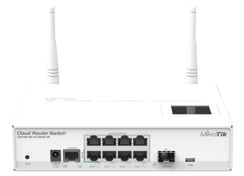 CRS109-8G-1S-2HnD-IN Cloud Router Switch 109-8G-1S-2HnD-IN Layer 3 ,8xGbit Lan, 1 SFP, 2.4 Ghz Wifi ,LCD,L5