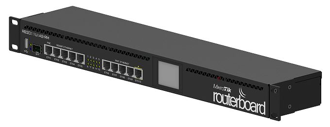 RB2011UiAS-RM Mikrotik RB2011UiAS-RM, 1xSFP, 10 Port ( 5xLAN,5xGbit LAN),L5 , LCD, 1U, Rackmount Router / Firewall / Hotspot